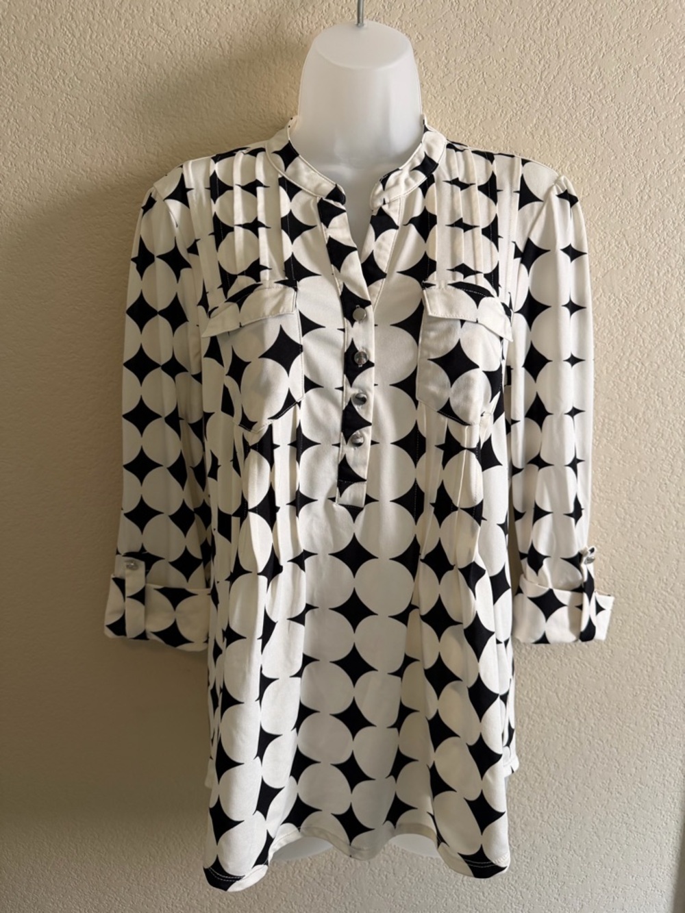 Black and White Geometric Button-Front Blouse